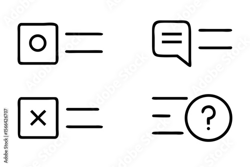 Minimal UI Icon Set – Outline Symbols of Check, Cross, Chat Bubble, and Question Mark with Motion Lines
