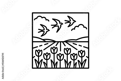 Swallows flying over a field with blooming tulips under a cloudy sky near a distant hill in springtime