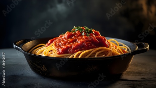 Spaghetti with tomato sauce in a cast iron pan, shot on dark moody background with soft light