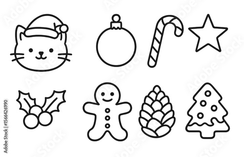 Festive collection of holiday-themed line drawings featuring a cat, ornaments, and seasonal symbols for decoration