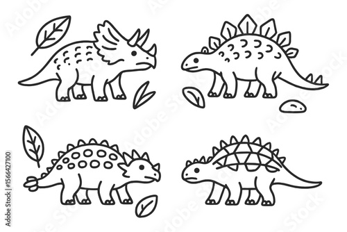Dinosaur illustrations featuring triceratops, stegosaurus, ankylosaurus, and blissful landscape elements