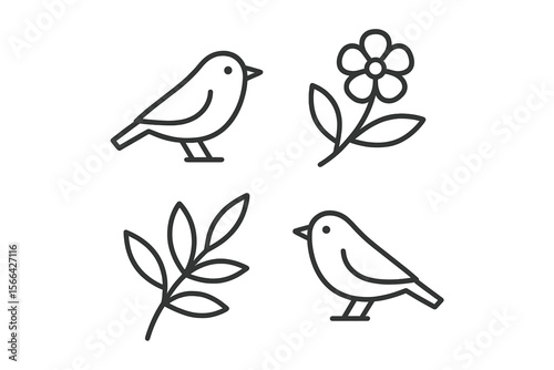 Simple line art illustration of birds and flowers in a decorative layout suitable for various designs