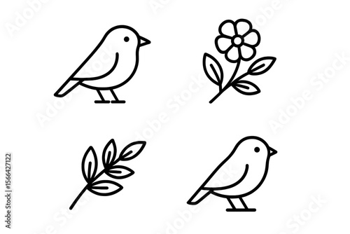 Simple line art depicting birds, flowers, and leaves in a minimalist style for nature lovers and design enthusiasts