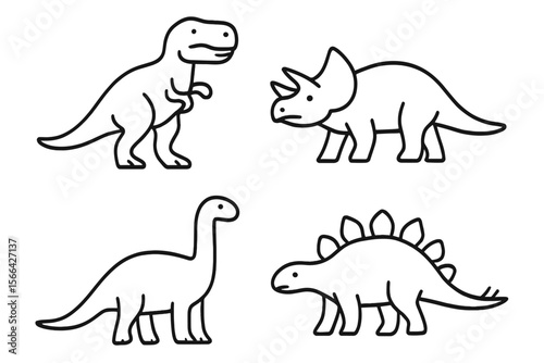 Colorful cartoon dinosaurs in playful poses showcasing diverse species in a friendly prehistoric setting