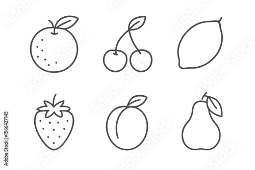 Various fruits illustrated with simple line art including orange, cherries, lemon, strawberry, peach, and pear