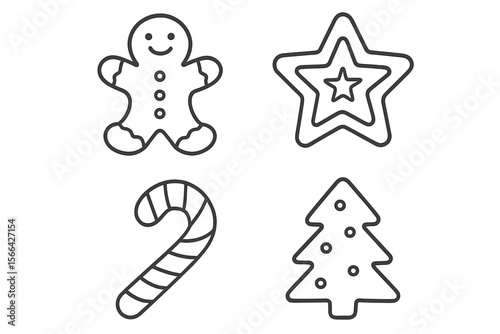 Festive holiday icons including gingerbread man, star, candy cane, and Christmas tree drawn in simple outline style
