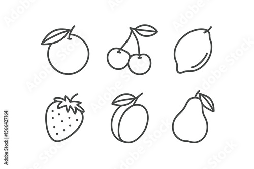 Collection of hand-drawn fruit illustrations featuring oranges, cherries, lemons, strawberries, plums, and pears on a white background