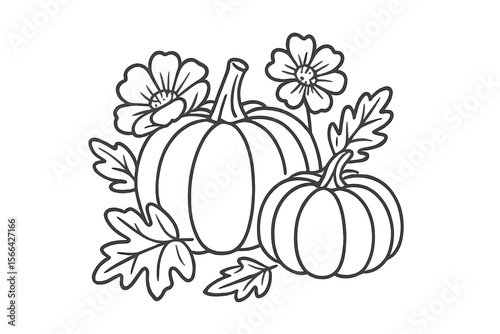 Colorful pumpkins and flowers arranged in an autumn display perfect for seasonal celebrations and decorations
