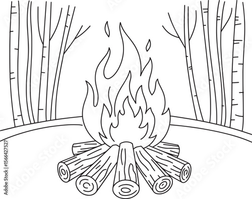 Bonfire Coloring Page, Simple Campfire Drawing, Fire with Logs Art, Hand-Drawn Campfire, Flame Line Art, Outdoor Fire Design, Camp Night Sketch