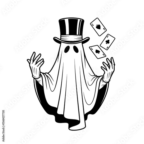 Cartoon ghost with playful mood dressed as a magician juggling cards in black and white