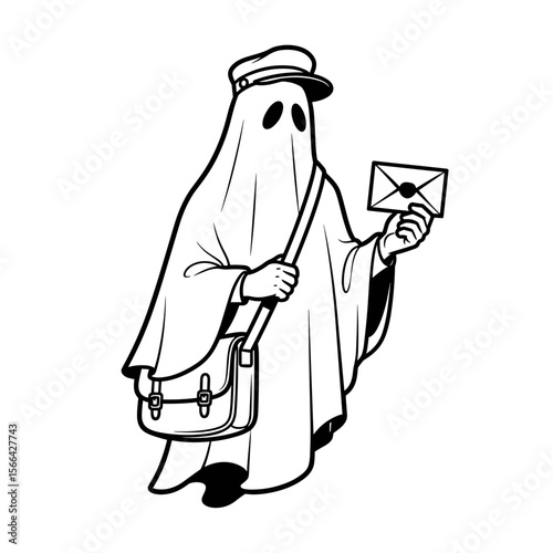 Cartoon ghost with cheerful mood dressed as a mailman holding an envelope in black and white