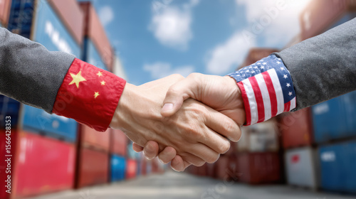 Handshake of Cooperation, a symbolic meeting of hands adorned with Chinese and American flags, set against vibrant cargo containers under a bright blue sky, embodying trade dynamics.