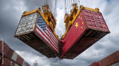 Clashing Containers, Two giant shipping containers, one adorned with the US flag and the other with the Chinese flag, collide mid-air, shattering into fragments.