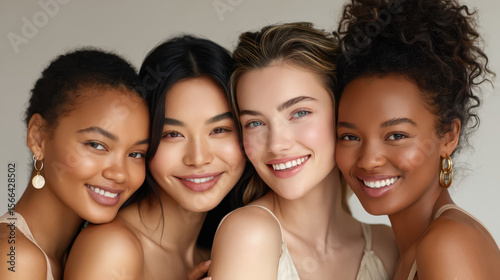 Celebrating Beauty and Inclusion, a vibrant gathering of diverse women showcasing radiant skin, makeup artistry, and wellness, set against a minimalist studio backdrop