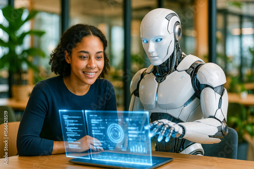 A girl and a humanoid android are working in a modern coworking space on a futuristic holographic interface. Scandinavian style and a productive atmosphere.