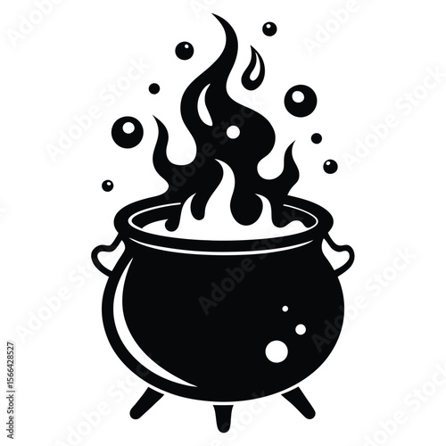 Solid color Witches cauldron with potion bubbling witches brew on fire vector on white background