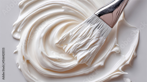 Silky White Moisturizer Application, a close-up view of a creamy moisturizer being spread with a spatula, highlighting its smooth texture and the gentle care of application.