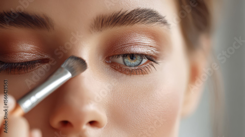 Elegant woman applying shimmering eye shadow with a soft brush, showcasing beauty artistry and vibrant colors, glowing skin accentuated by gentle illumination.