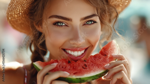 Joyful woman savoring a fresh watermelon slice, basking in warm sunlight, embodying the essence of summer joy and carefree moments with a cheerful smile