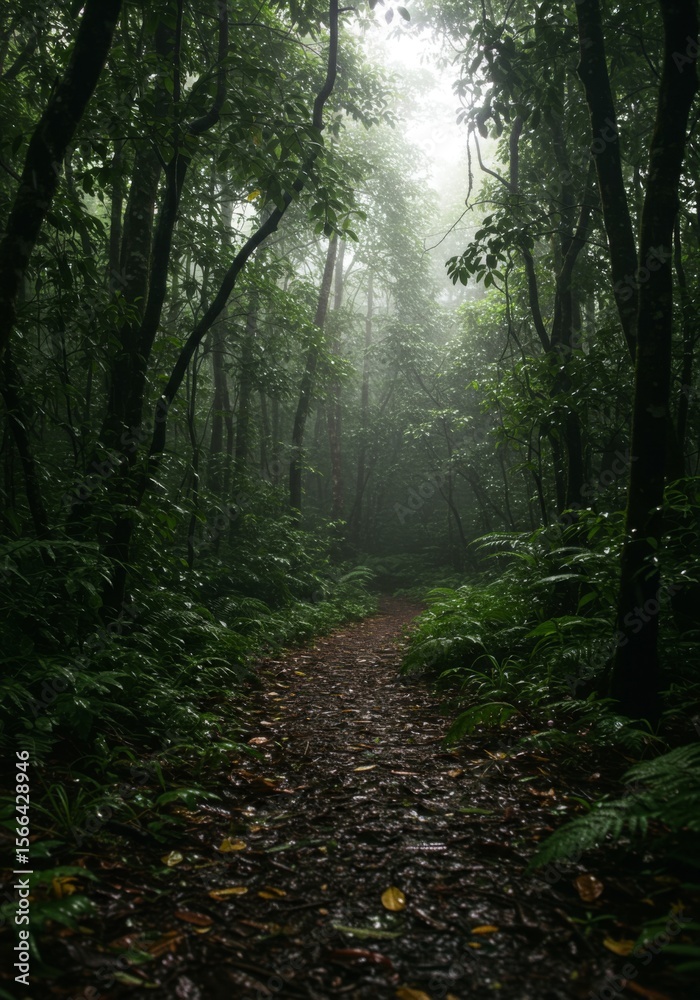 Obraz premium Lush Green Rainforest Path With Sunlight Beams