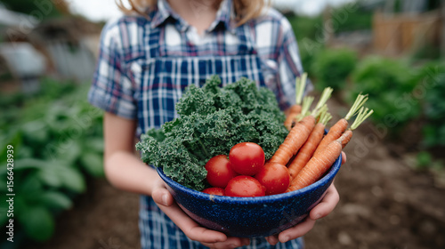 Wallpaper Mural Close-up on bright bowl held by smiling girl with freshly picked farm vegetables, contrasting textures of ripe tomatoes, leafy greens, and crunchy carrots, natural farm environment Torontodigital.ca