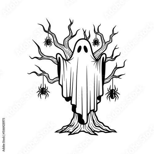 Cartoon ghost with spooky mood hanging from a creepy tree surrounded by spiders in black and white