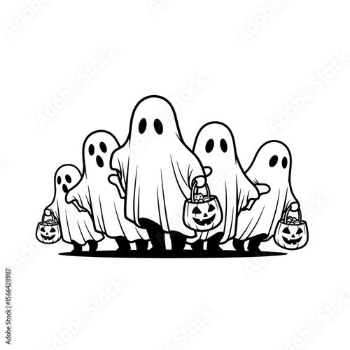 Five cartoon ghosts with cheerful mood carrying pumpkin buckets while trick-or-treating in black and white
