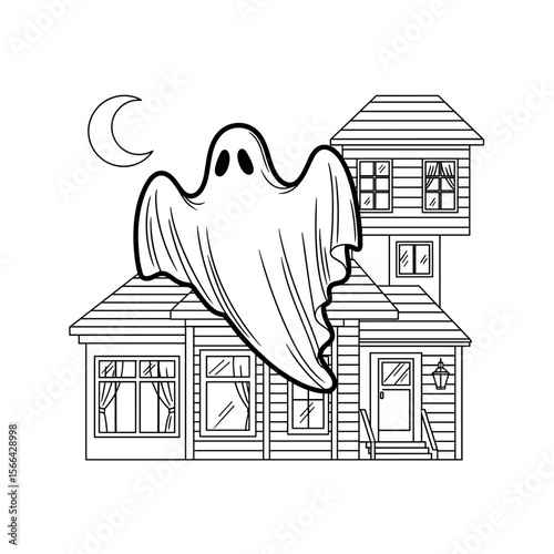 Cartoon ghost with spooky mood flying in front of haunted house in black and white
