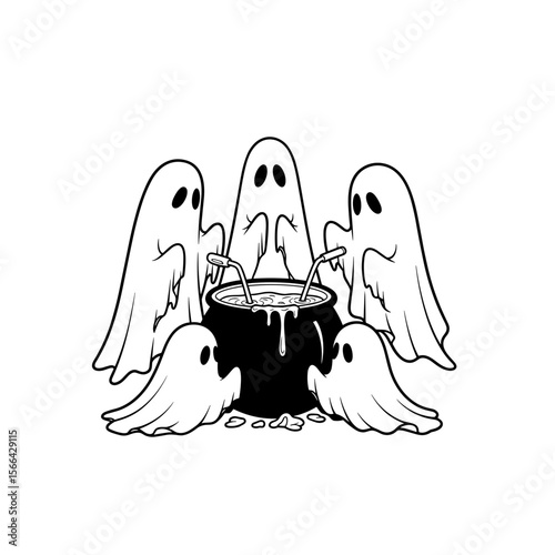 Group of playful ghosts brewing a potion in a cauldron, cheerful atmosphere, black and white illustration, Halloween theme