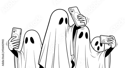 Group of cheerful ghosts taking selfies with smartphones, playful atmosphere, black and white illustration, Halloween theme