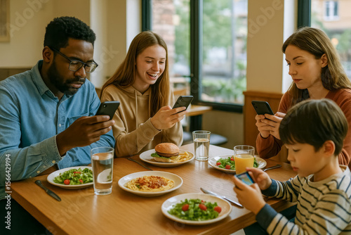 A multiethnic family at the dinner table. Dependence on gadgets and social networks