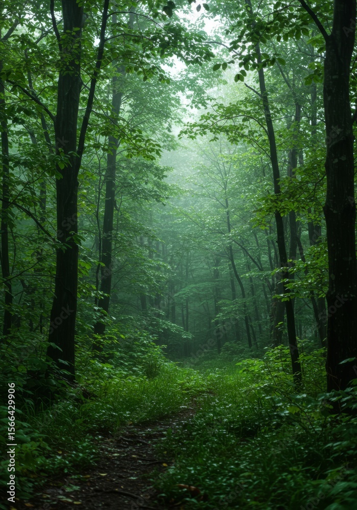 Obraz premium Rainy Forest Path: Lush Green Trees and Foggy Atmosphere