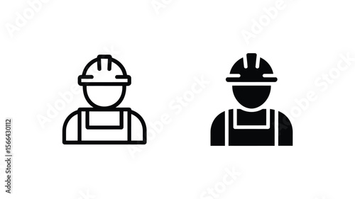 Vector art of a construction worker icon is shown in black outline and black fill isolated on white background