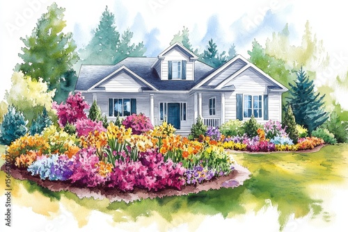 Cute farmhouse exterior featuring a front yard flower bed, depicted in a colorful watercolor or aquarelle painting illustration, Generative AI