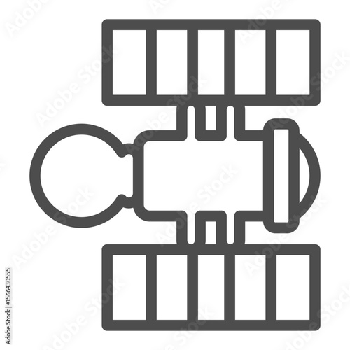 Satellite with solar panels and telescope line icon, space exploration concept. Vector graphics. Space satellite sign on white background, outline style icon for mobile or web design.