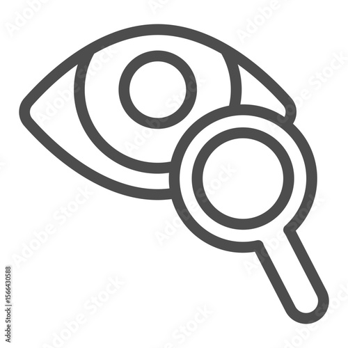 Eye and magnifying glass line icon, vision treatment concept. Vector graphics. Magnifier eye vision test, ophthalmology sign on white background, outline style icon for mobile or web design.
