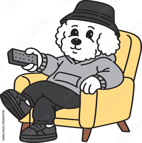 Cute Dog Character Watching TV Relaxing in Armchair with Remote