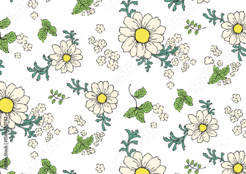スケッチペン画風の花柄壁紙