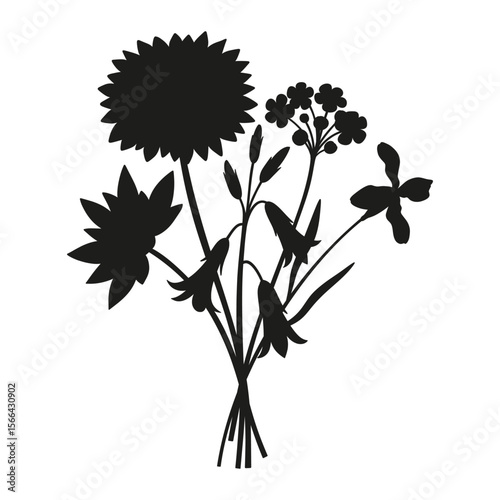Wildflowers silhouette bouquet. Hand-drawn dahlia, forget-me-not, bellflower, meadow flowers, herbs, and wild plants. Botanical elements for design projects. Minimal style, vector illustration
