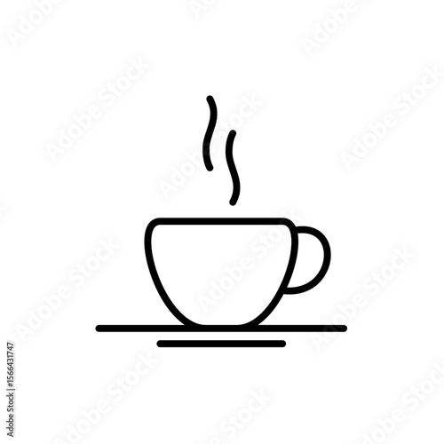 A steaming cup of coffee or tea rests on a saucer.