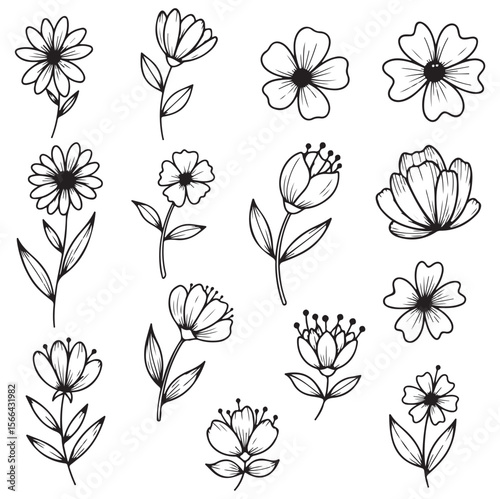 Modern Floral Doodle Vector Icons – Black Line Flowers on White Background. AI generator