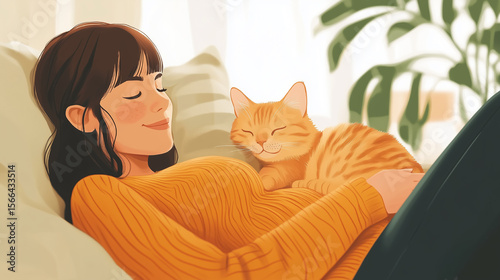 Cozy afternoon at home with a woman relaxing on the couch and a sleeping orange cat curled up beside her