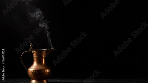 Steaming Copper Pitcher, traditionally styled, against a dark backdrop with copy space