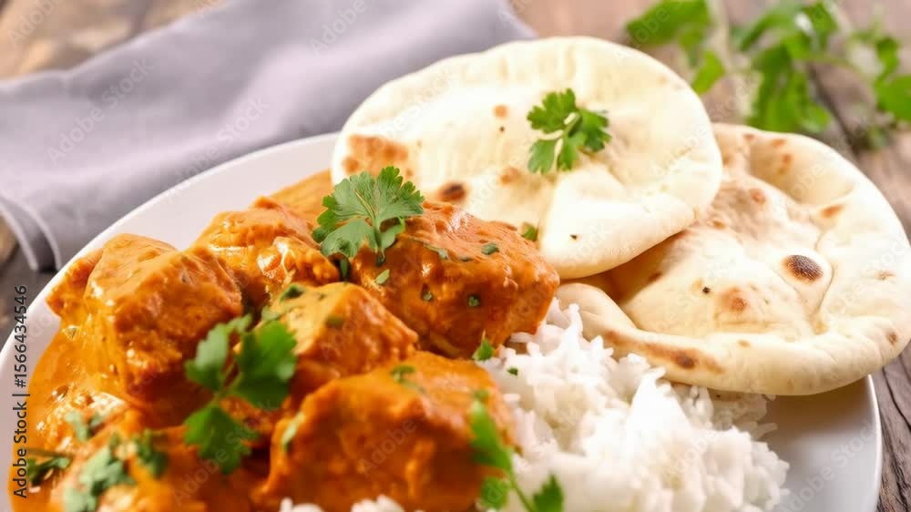 Delicious butter chicken with basmati rice and naan bread on a white plate served on a rustic wood table with parsley garnish Delicious butter chicken with basmati rice and naan bread on a white plate served on a rustic wood table with parsley garnish