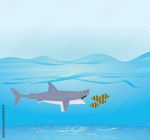 Big shark eat small fish. vector	
