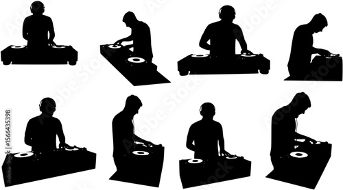Silhouette of DJ mixing music on turntables. Clipart image isolated on background.
