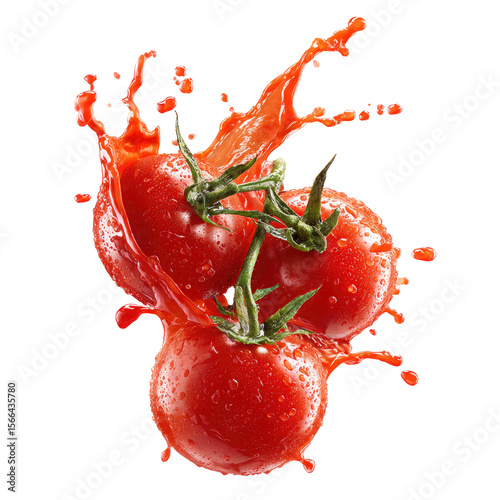 Fresh tomatoes with juice splash on transparent background