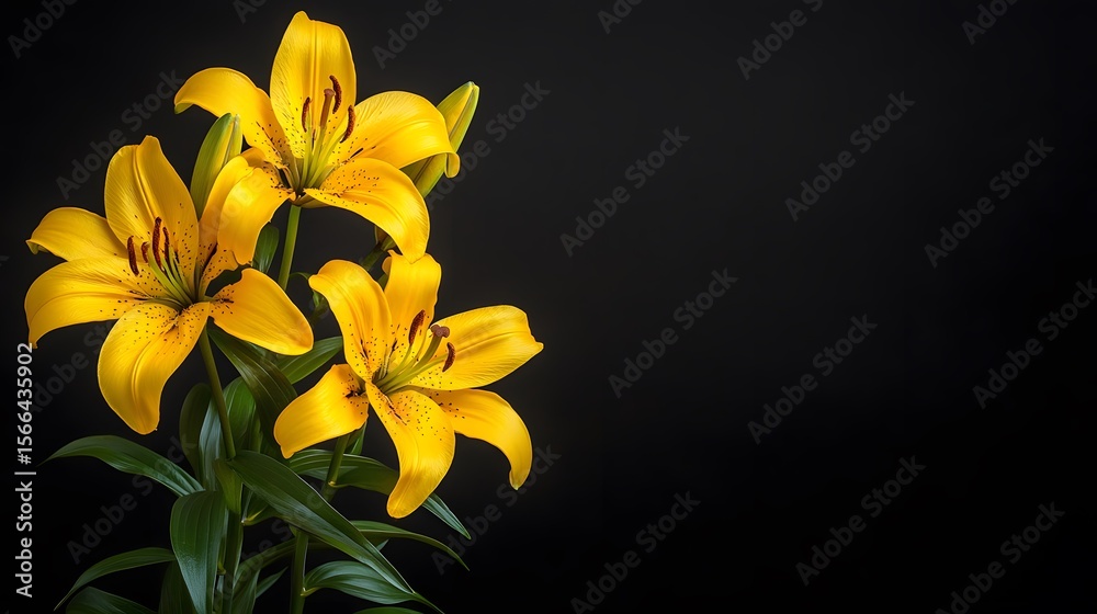 Fototapeta premium Vibrant Yellow Lilies Dark Background Floral Photography