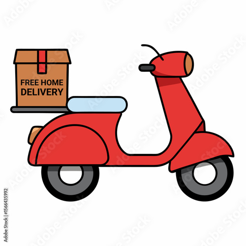 Red delivery scooter carrying a package isolated on white background