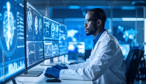 Wallpaper Mural Scientist Analyzing Data on Multiple Screens - Artificial Intelligence Torontodigital.ca